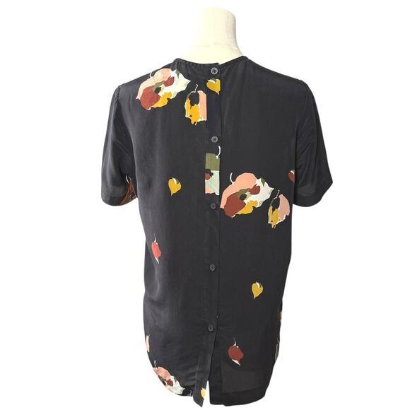 Madewell Silk Floral Abstract Artsy Top | Short Sleeve Blouse Black | XS - Picture 3 of 11